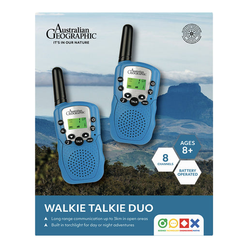 Australian Geographic walkie talkie duo set against a mountainous landscape on the packaging.