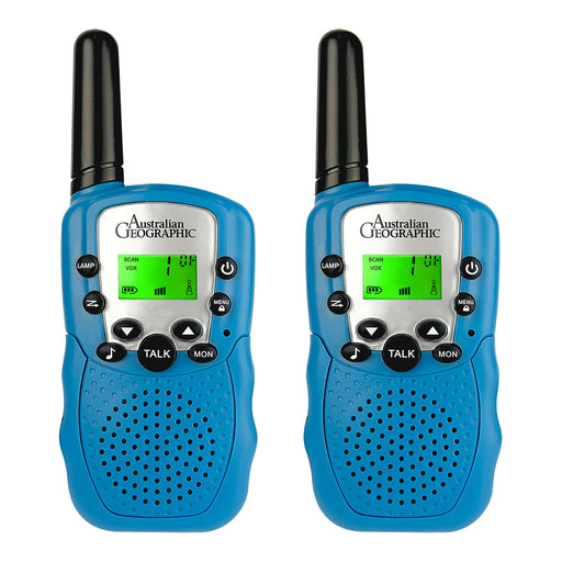 Two blue walkie talkies with green display on a white background