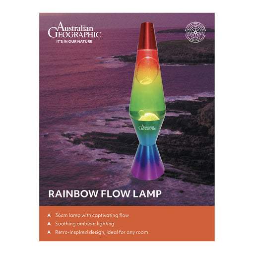 Rainbow flow lamp with Australian Geographic branding on a scenic background