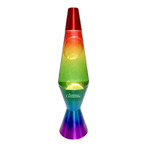 Colorful lava lamp with a gradient from red to purple on a white background