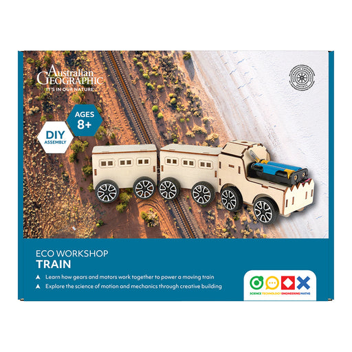Australian Geographic eco workshop train set packaging on a white background
