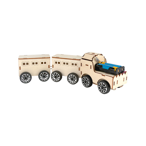 Wooden toy truck with trailer on a white background