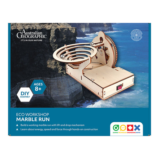 Australian Geographic eco workshop marble run kit packaging with a marble run model on a scenic background.