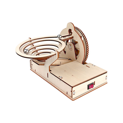 Wooden mechanical model with gears on a white background