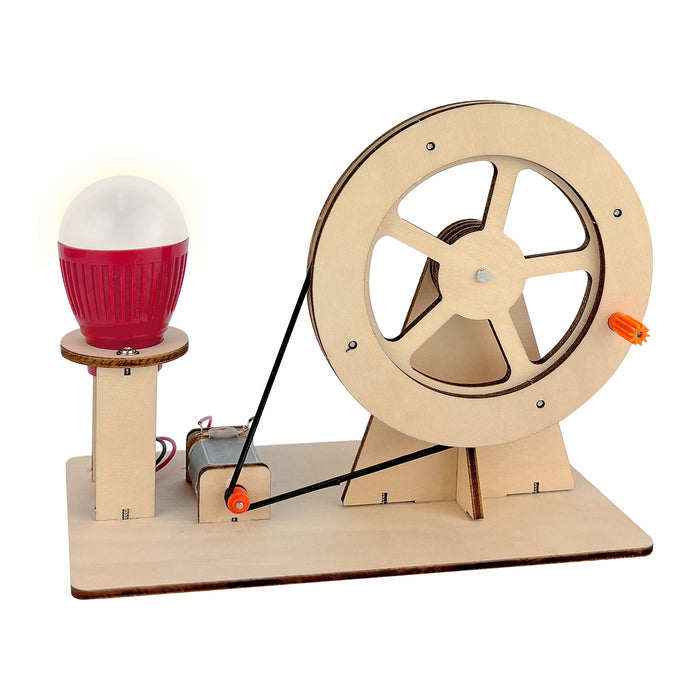 Wooden toy with a wheel and light bulb on a white background