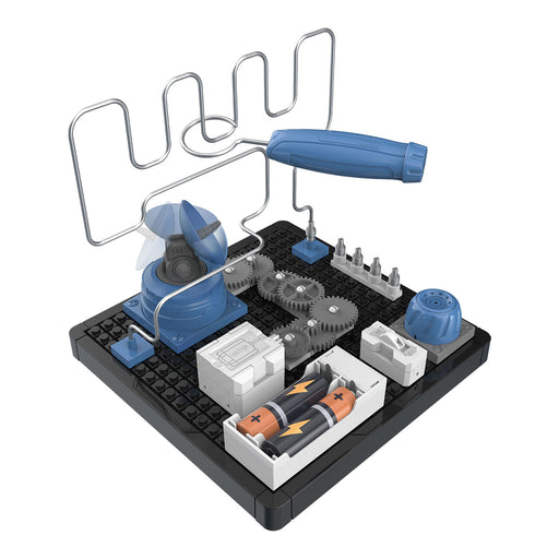 Science experiment kit with gears, batteries, and a motor on a white background