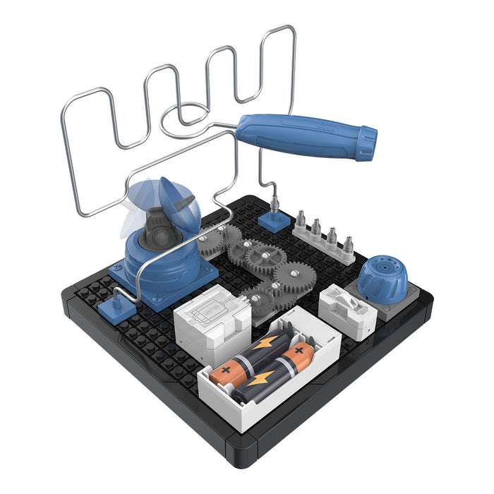 Science experiment kit with gears, batteries, and a motor on a white background