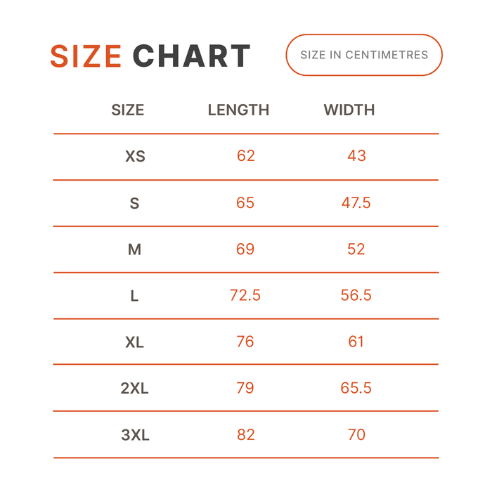 Size chart for clothing with measurements in centimeters