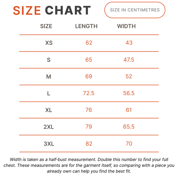 A size chart table showing garment sizes XS through 3XL with length and width measurements in centimeters, plus a note that width is a half-bust measurement.