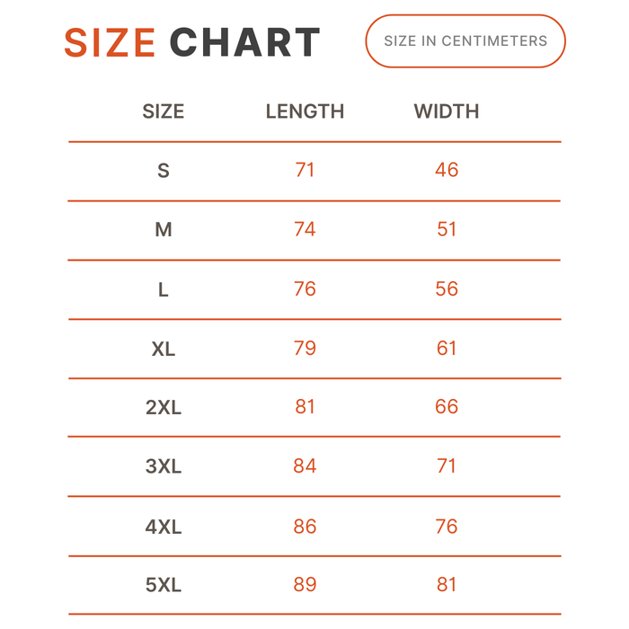 Size chart for clothing with measurements in centimeters