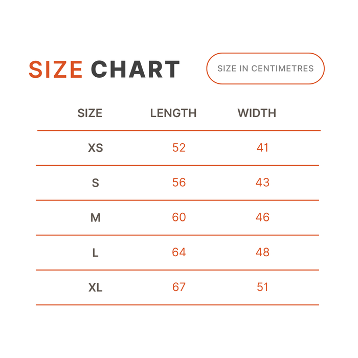 Size chart for clothing with measurements in centimeters