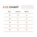 Size chart for children's clothing with size, length, and width measurements in centimeters.