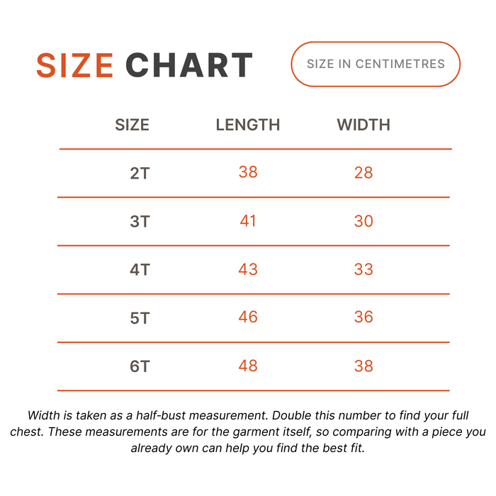 A size chart graphic showing garment size measurements from 2T to 6T in centimetres, with columns for Size, Length, and Width on a white background.
