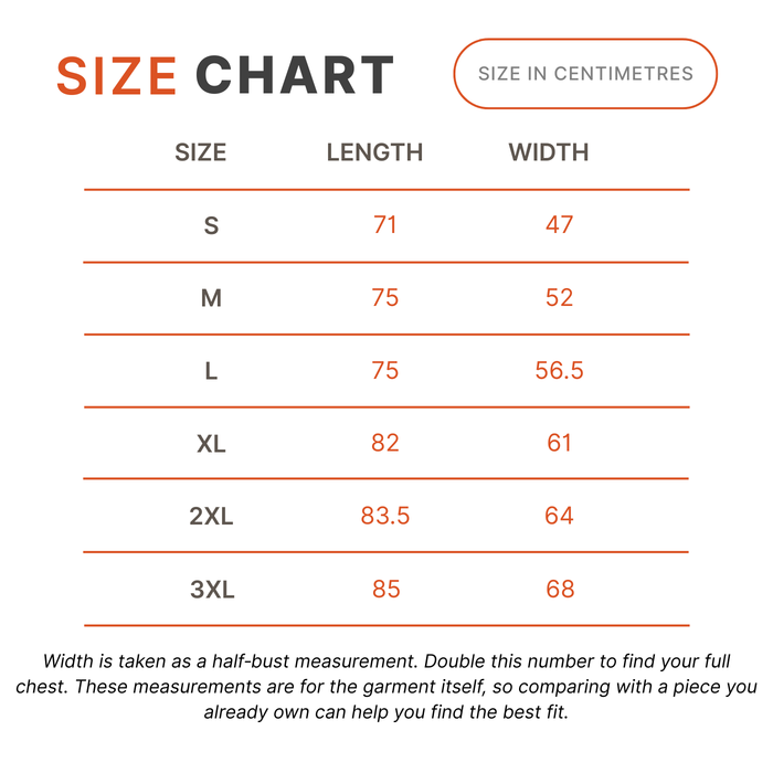 A size chart table showing garment measurements in centimeters for sizes S, M, L, XL, 2XL, and 3XL, with a note explaining that width is a half-bust measurement and double it for full chest.