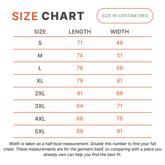 A size chart table showing measurements in centimeters for garment sizes S through 5XL, with columns for Size, Length, and Width. The chart includes a note at the bottom stating that width is taken as a half-bust measurement and doubling that number finds the full chest.