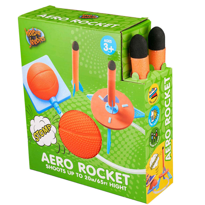 Box of Aero Rocket toy with green background