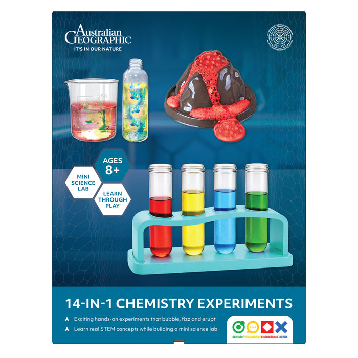 Australian Geographic 14-in-1 Chemistry Experiments kit packaging, featuring a dark blue background with illustrations of a volcano eruption, a beaker, a bottle, and test tubes with colorful liquids.