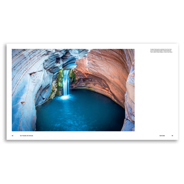 A landscape art print featuring a photograph of a waterfall flowing into a deep blue pool inside a rocky canyon, presented on a white page within a square mockup.