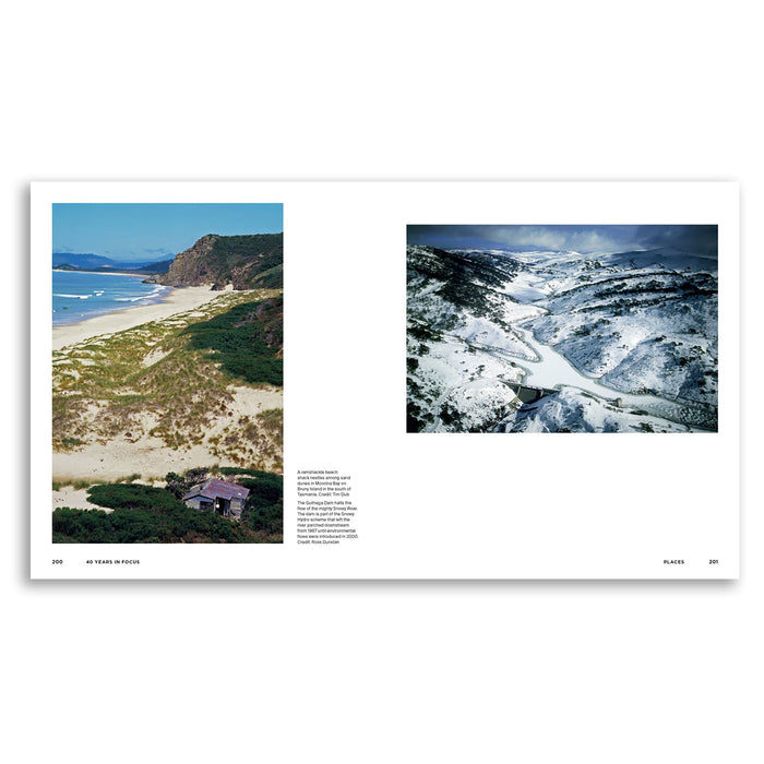 A two-page spread from a printed publication showing landscape photographs: a coastal beach and dunes on the left, and a snowy mountain valley on the right, with small caption text below each photo on a white page.