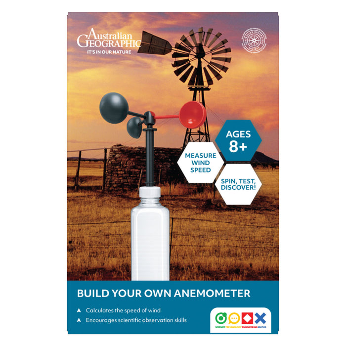 Australian Geographic magazine cover featuring a wind speed anemometer kit with a white bottle, black and red cups, and a windmill photo on a sunset background. Text reads 'Build Your Own Anemometer' and 'Ages 8+'.