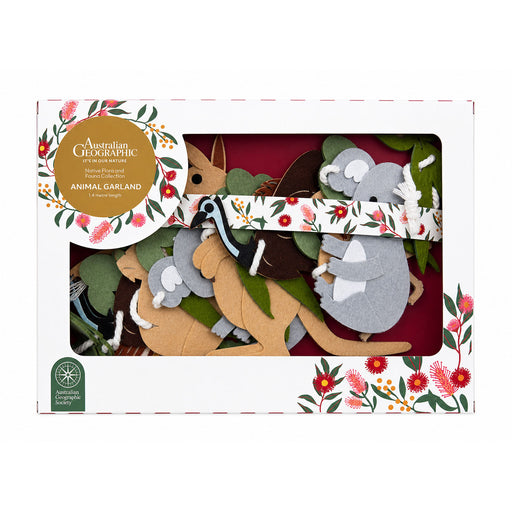 Australian Geographic felt animal garland gift set in a white window box package with floral borders. The set includes felt kangaroos, koalas, a rabbit, and leaves, tied with a patterned ribbon.