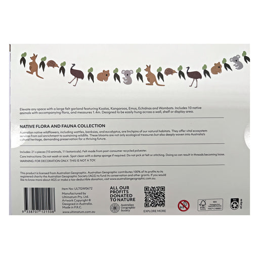 The back of a white fabric hanging planter or garden mat showing product details, including a row of illustrated native animals and plants, text describing the 'Native Flora and Fauna Collection,' a barcode, and a QR code.