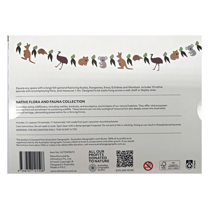 The back of a white fabric hanging planter or garden mat showing product details, including a row of illustrated native animals and plants, text describing the 'Native Flora and Fauna Collection,' a barcode, and a QR code.