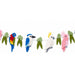 A felt bird garland featuring colorful birds including a red, yellow, and blue parrot, a blue and white kingfisher, a white cockatoo with a yellow crest, and a pink cockatoo, hanging on a white string against a white background.