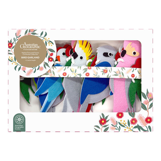 Australian Geographic bird garland set in a white gift box with a clear window, featuring colorful felt birds including a cockatoo, parrot, and others, with floral border details.