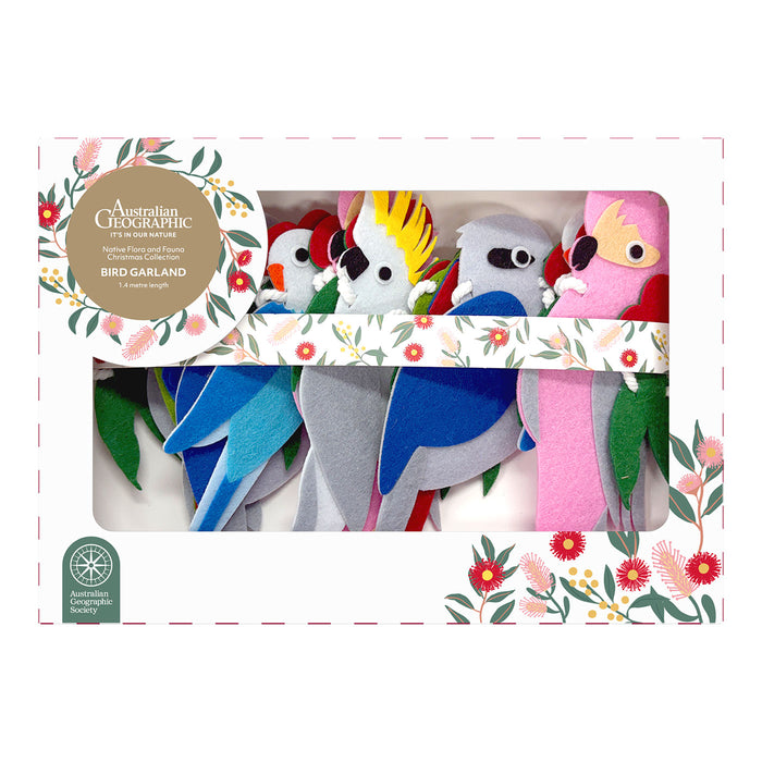 Australian Geographic bird garland set in a white gift box with a clear window, featuring colorful felt birds including a cockatoo, parrot, and others, with floral border details.