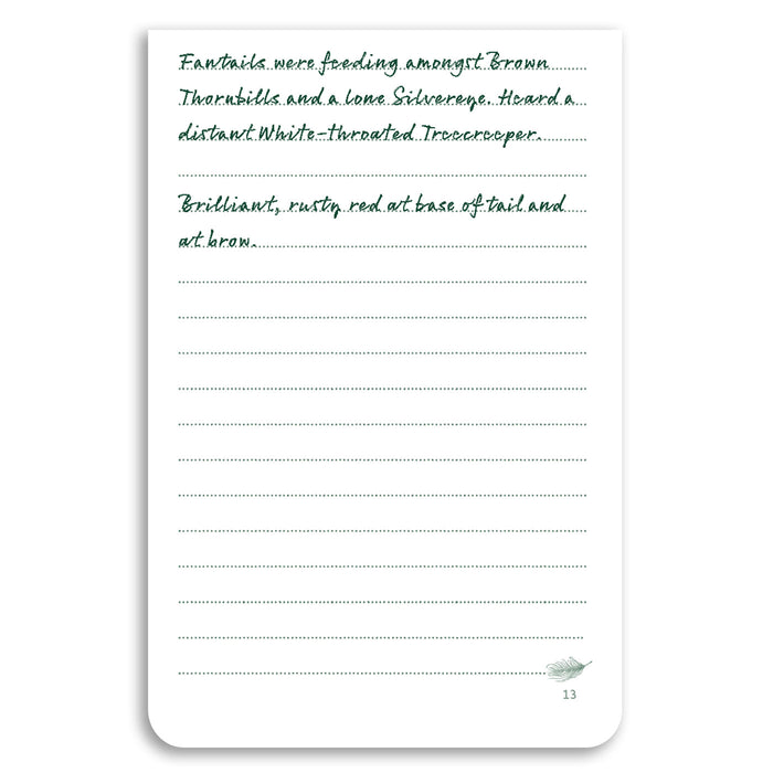 Handwritten text on a lined notebook page with a green leaf design at the bottom.