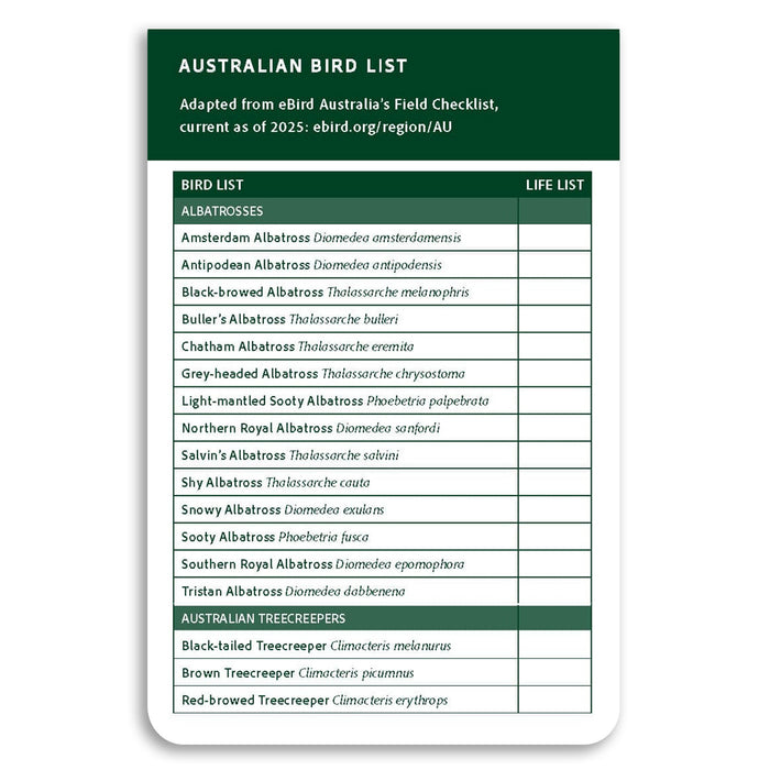 Australian bird list card with a green border and white background