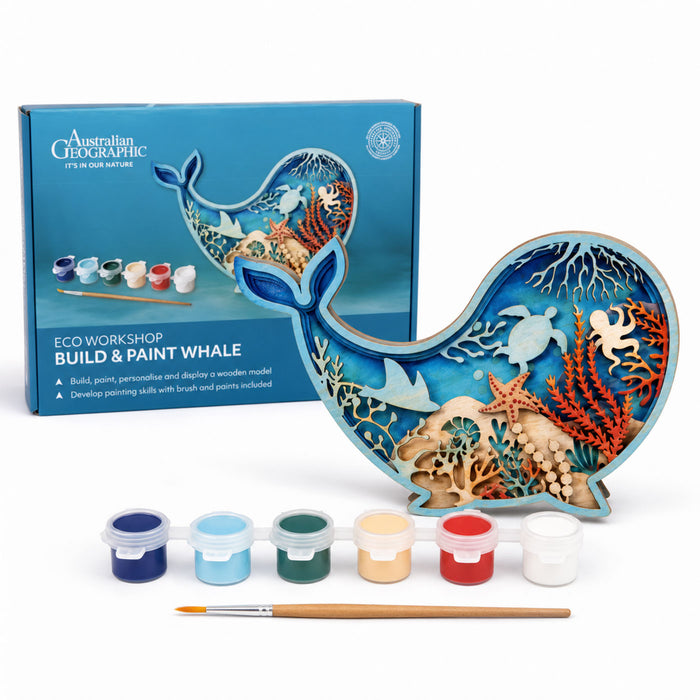 Australian Geographic Build & Paint Whale kit shown with its blue retail box, a painted whale sculpture filled with coral and sea life details, six small paint pots, and a paintbrush on a white background.