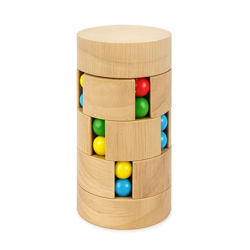Wooden cylindrical puzzle with colorful balls on a white background