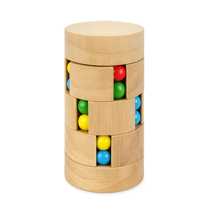 Wooden cylindrical puzzle with colorful balls on a white background