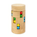 Wooden cylindrical puzzle with colorful balls on a white background