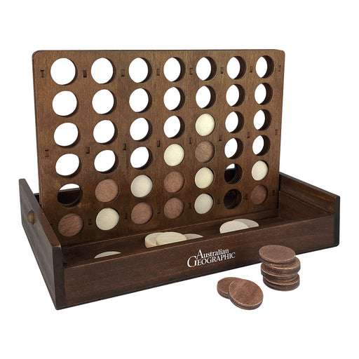 Wooden game board with circular holes and wooden discs on a white background, branded 'Australian Geographic'.