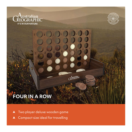 Wooden 'Four in a Row' game set by Australian Geographic with scenic background