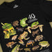 Black t-shirt with illustrations of various frogs and '40 Australian Geographic' logo.
