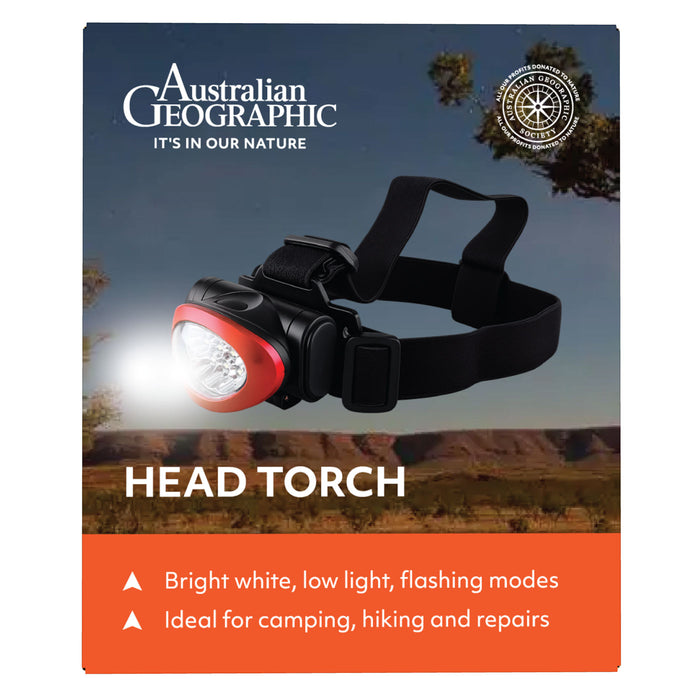 An Australian Geographic magazine cover featuring a head torch with a bright white flashlight on the front and a red accent ring. The cover includes the Australian Geographic logo, a compass emblem, and text highlighting features like bright white light, low light, flashing modes, and suitability for camping, hiking, and repairs.