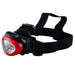 A red and black adjustable headlamp with a black elastic strap, shown against a plain white background.