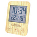 A digital climate control thermometer with a light natural wood grain frame, featuring a gray LCD screen displaying the time, temperature in Celsius, relative humidity, and percentage RH. The brand name 'Australian Geographic' is printed below the screen, along with three control buttons.