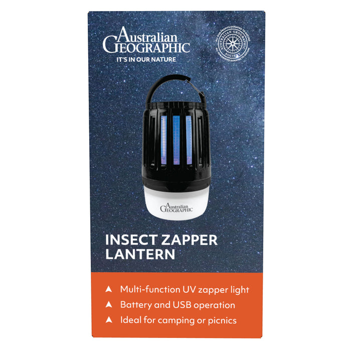 Australian Geographic branded insect zapper lantern retail box on a plain white background. The package shows a black and white lantern with blue light bars, a starry dark blue background, and orange text blocks listing features.