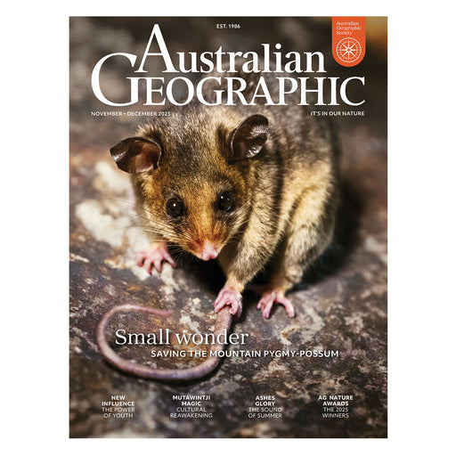 Australian Geographic magazine cover featuring a mountain pygmy possum.