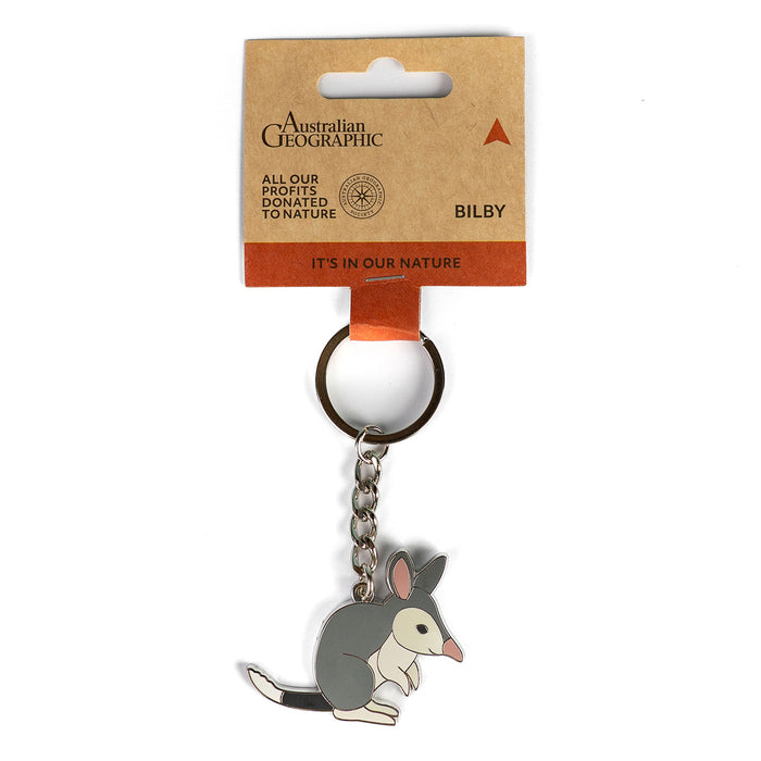 Keychain with bilby design on a cardboard packaging with Australian Geographic branding.