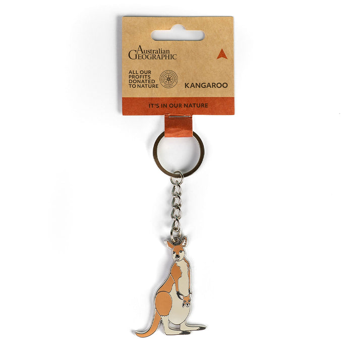 Kangaroo keychain on a white background with Australian Geographic packaging.