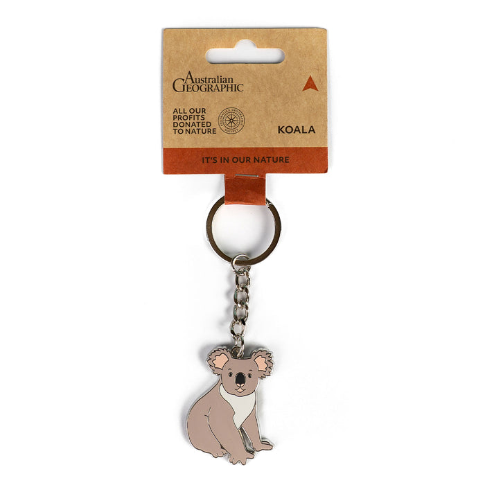 Keychain with a koala design on a cardboard backing, featuring the brand 'Australian Geographic'.