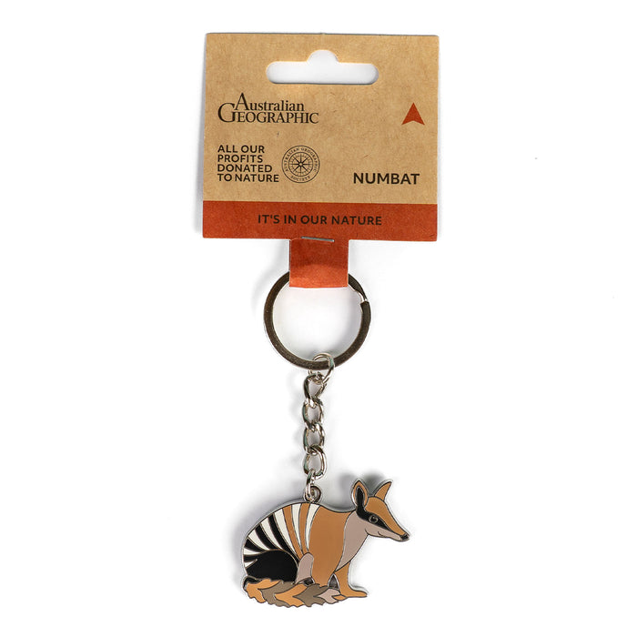 Numbat keychain on a white background with Australian Geographic packaging.