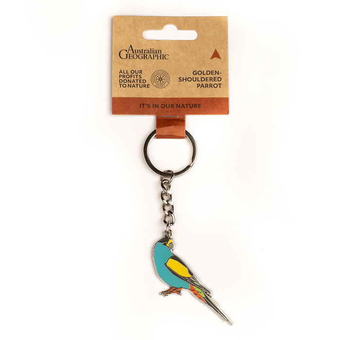 Bird-shaped keychain on a white background with 'Australian Geographic' packaging.