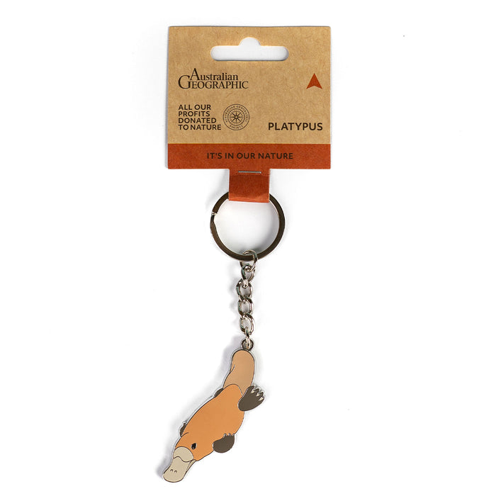 Platypus keychain with Australian Geographic packaging on a white background